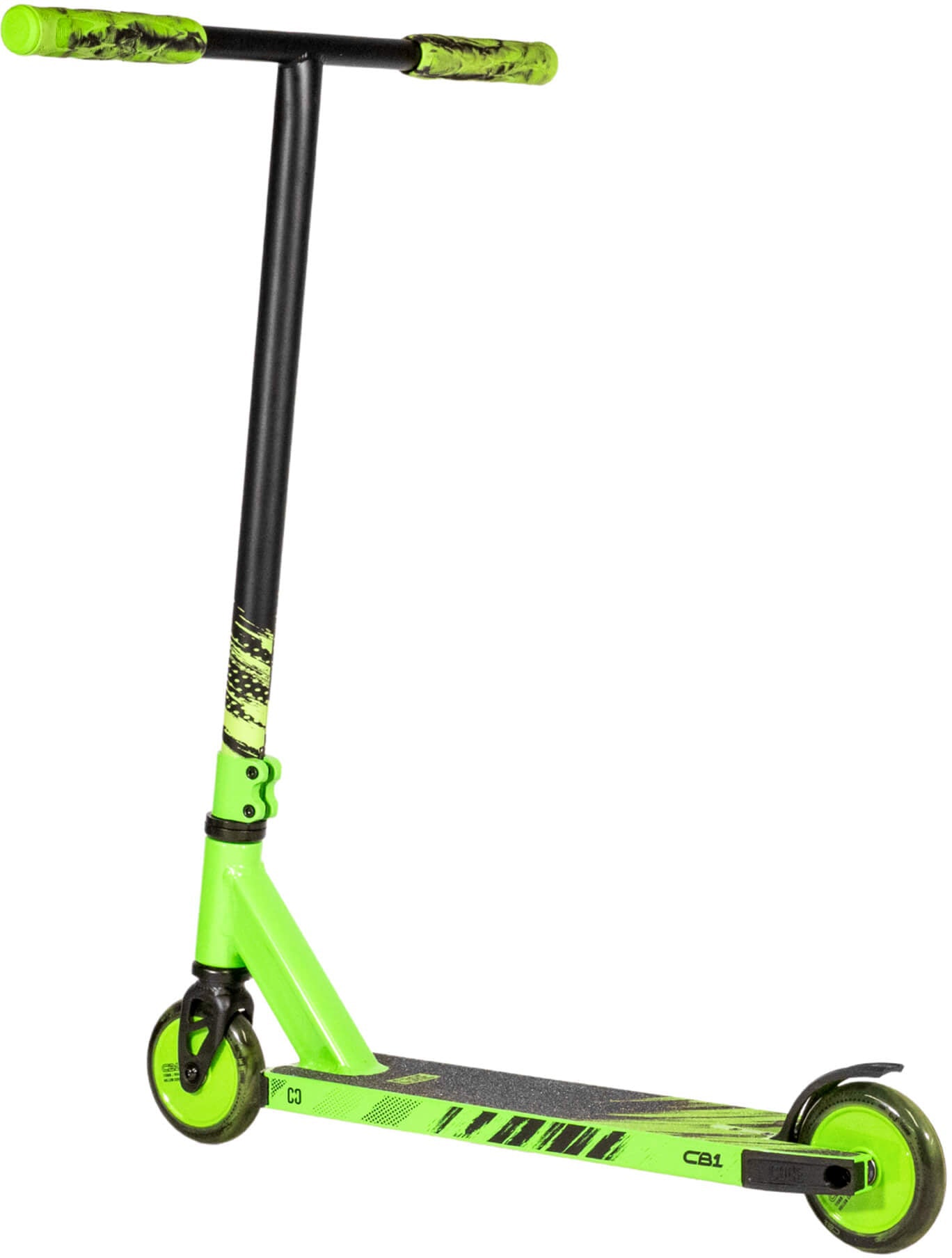 A CORE CB1 Beginner Complete Stunt Scooter by CORE, in black and green, featuring two small wheels, a T-shaped handlebar, and a textured foot deck, is displayed against a white background.