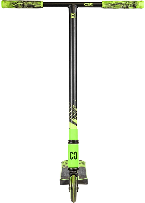 The CORE CB1 Beginner Complete Stunt Scooter by CORE is displayed from the front in sleek black and neon green, featuring a T-shaped handlebar, single front wheel, and distinctive CB1 branding on the frame and handlebars—making it an excellent beginner stunt scooter for kids.