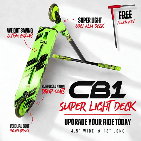 The CORE CB1 Beginner Complete Stunt Scooter in Black/Green by CORE is shown from the top and side, showcasing its lightweight 6061 aluminum deck, reinforced nylon drop-outs, weight-saving cutouts, V3 dual-bolt nylon brake, and included free Allen key. Designed for durability, this stunt scooter for kids highlights its advanced specs in the text details.