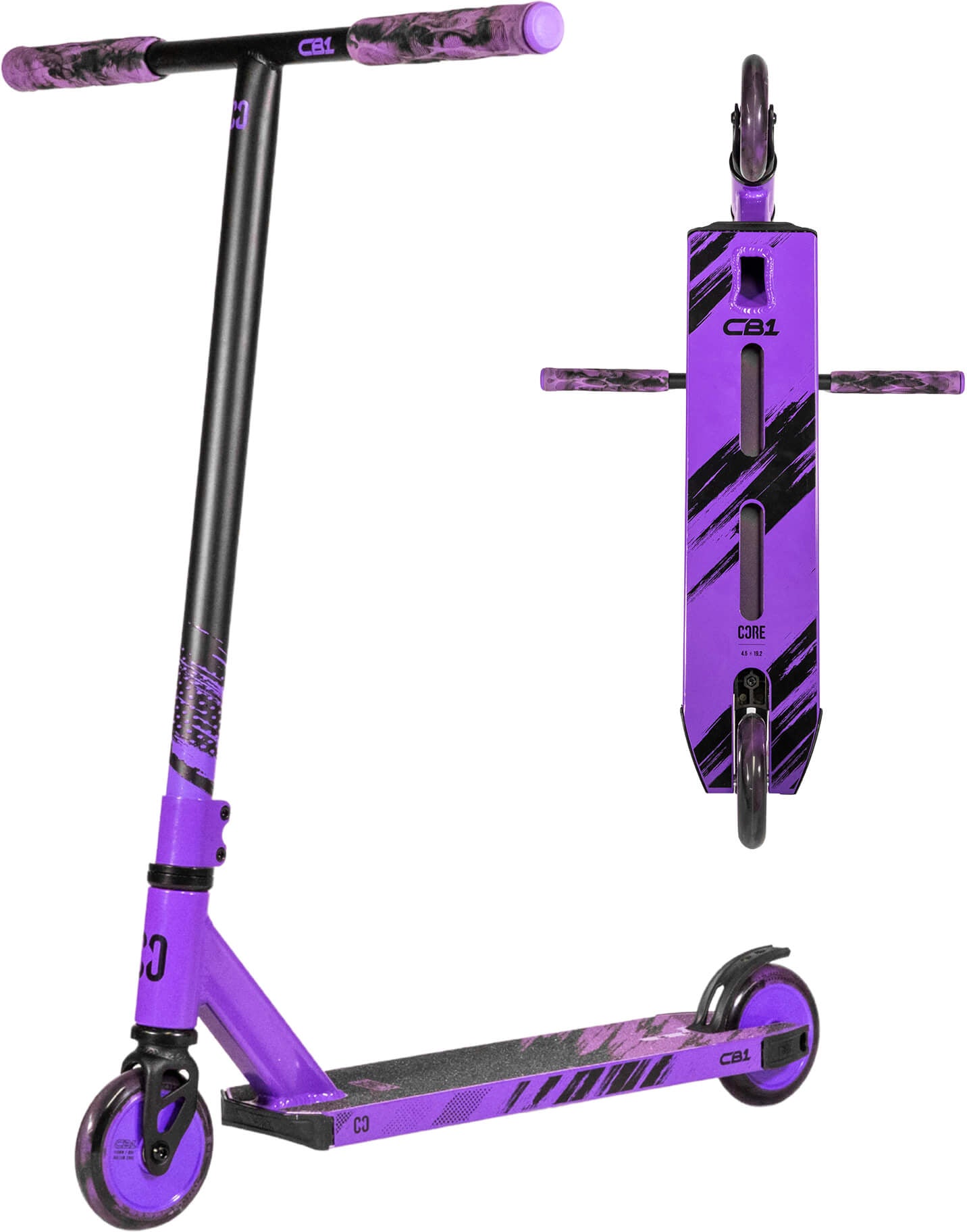 The CORE CB1 Beginner Complete Stunt Scooter by CORE, shown in Black and Purple, features a T-bar handle, solid wheels, and a deck with diagonal black stripes. Ideal as a beginner stunt scooter or kids trick scooter, an overhead view of the scooter’s deck is displayed to the right.