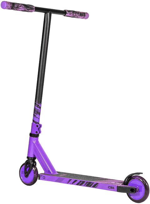 The CORE CB1 Beginner Complete Stunt Scooter by CORE features a purple and black design with two wheels, a textured foot deck, and BMX-style handlebars with patterned grips—making it the perfect kids' trick scooter for learning new moves.