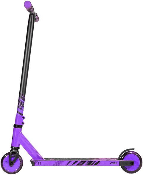 The CORE CB1 Beginner Complete Stunt Scooter by CORE, shown here in black and purple, features two wheels, an upright handlebar, and a textured foot deck against a plain white background. Designed as an ideal first stunt scooter for kids, it’s perfect for those ready to try their initial tricks.