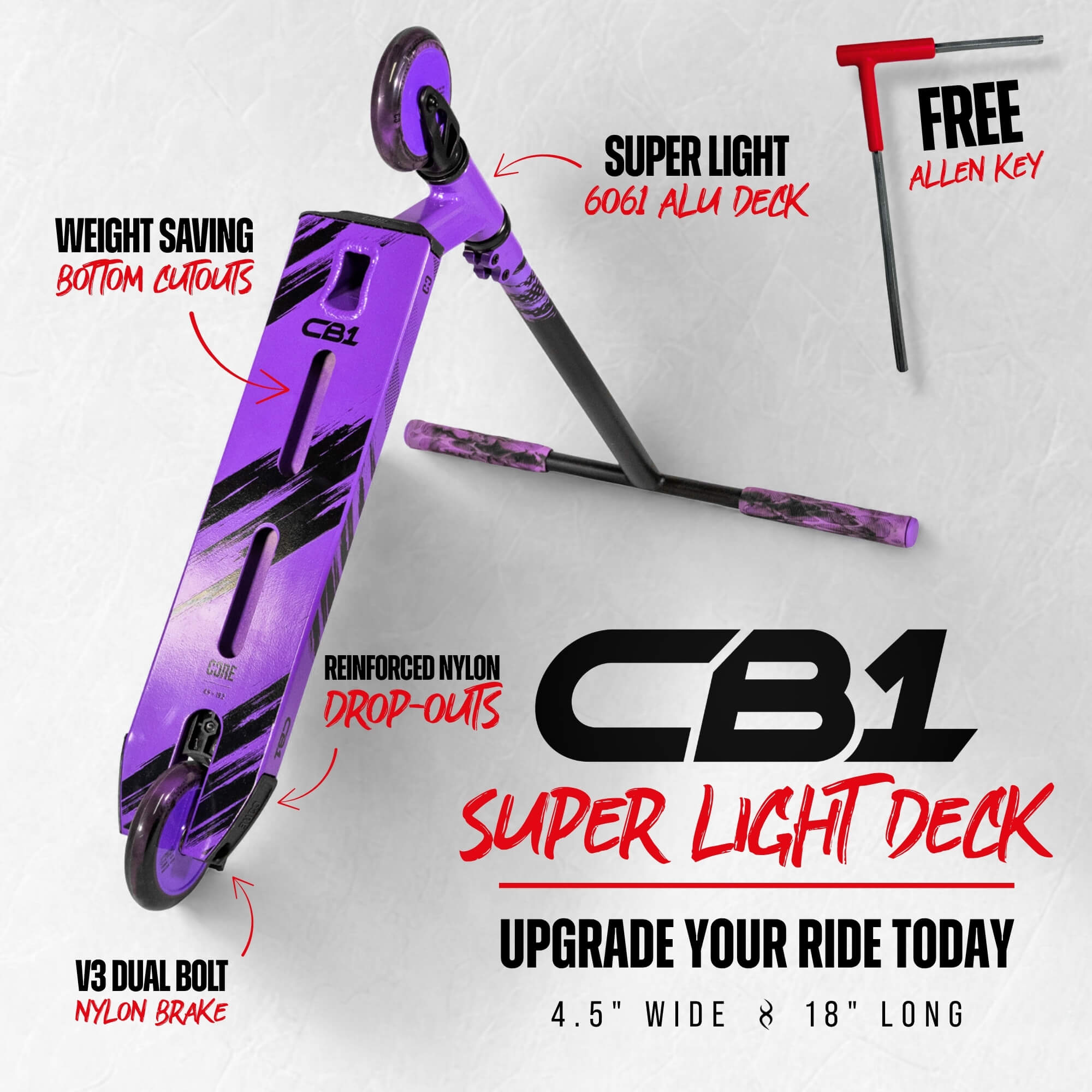Introducing the CORE CB1 Beginner Complete Stunt Scooter in Black/Purple by CORE—a perfect choice for kids and new riders looking to start learning tricks. This lightweight scooter features a super light 6061 aluminum deck with weight-saving bottom cutouts, reinforced nylon drop-outs, a V3 dual bolt nylon brake, and comes complete with a free Allen key for easy setup.