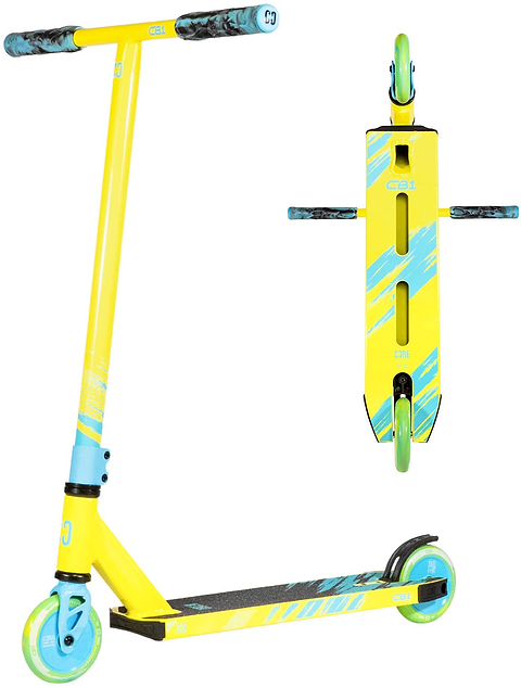 A CORE CB1 Beginner Complete Stunt Scooter by CORE in Highlighter Yellow and Blue, featuring patterned handle grips, a wide deck, and green wheels. The image displays both a side view and a top-down view of this beginner stunt scooter.