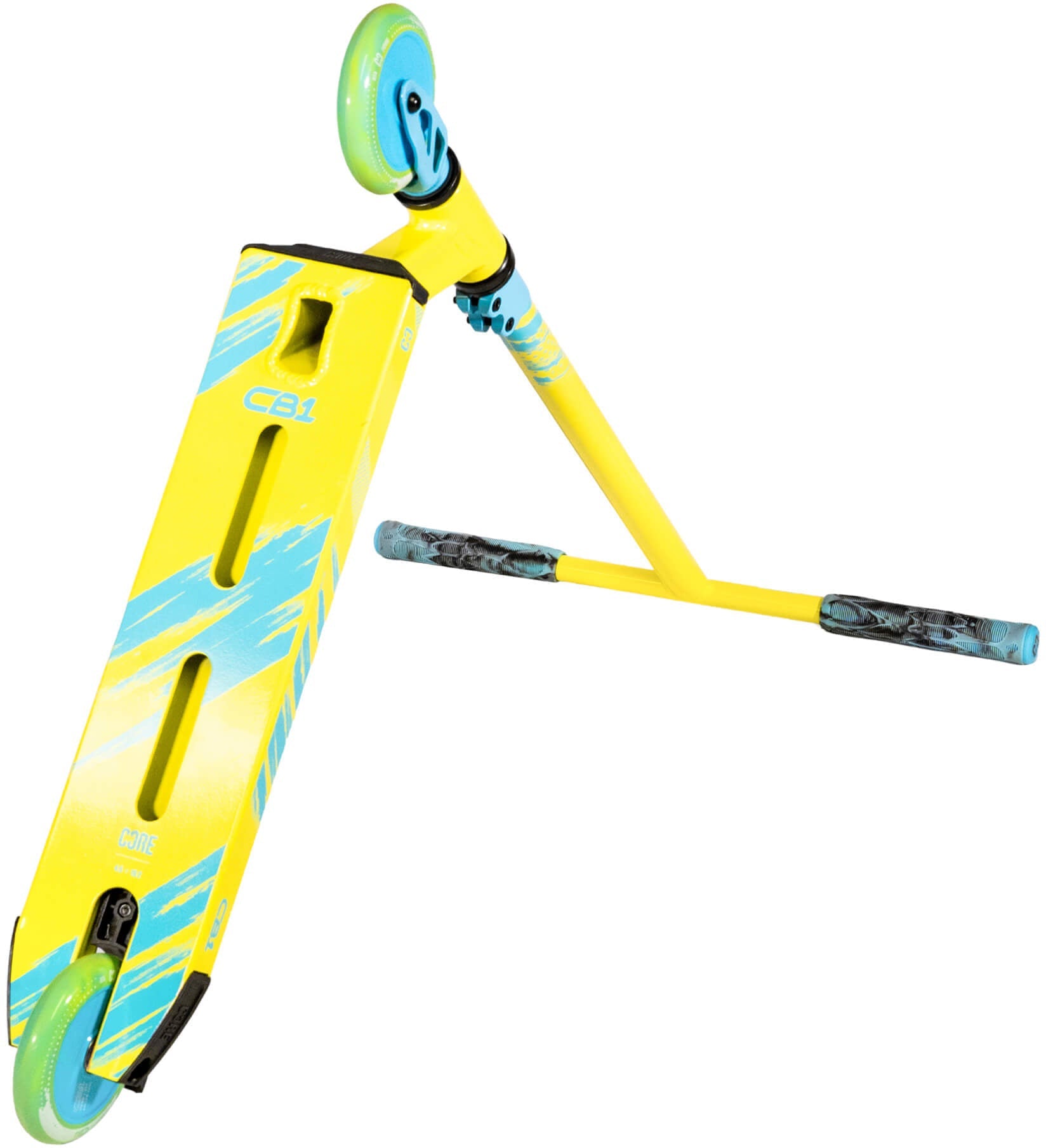 The CORE CB1 Beginner Complete Stunt Scooter by CORE, shown here in Highlighter Yellow and Blue, is pictured tilted to showcase its deck, wheels, and handlebars. The deck displays dynamic blue graphics while the wheels and handle grips are accented in blue, making this scooter a perfect choice for beginners looking for both style and performance.