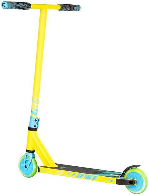 The CORE CB1 Beginner Complete Stunt Scooter in Highlighter Yellow and Blue by CORE features green wheels, black grip tape on the deck, and blue handlebar grips. Shown on a white background, it’s an ideal choice for beginner stunt scooter riders.