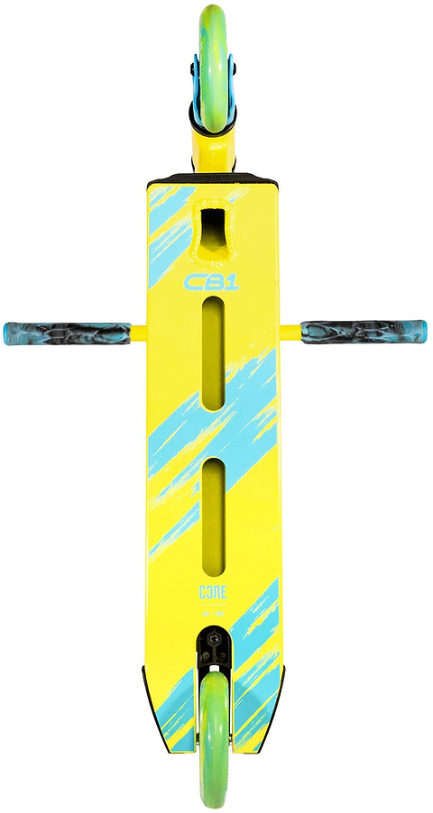A top-down view of the CORE CB1 Beginner Complete Stunt Scooter by CORE in Highlighter Yellow and Blue, featuring blue stripes on the deck, blue-green wheels, and black and blue handlebars. The deck has two long slots and a cutout near the front, making it an ideal stunt scooter for beginners.