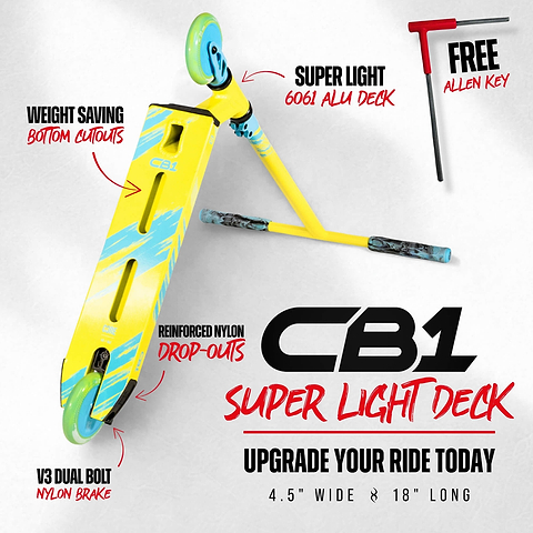 Introducing the CORE CB1 Beginner Complete Stunt Scooter in Highlighter Yellow and Blue from CORE. Featuring a super light 6061 aluminum deck, reinforced nylon drop-outs, weight-saving bottom cutouts, and a V3 dual bolt nylon brake, this scooter also comes with a free Allen key. Perfect for beginners looking to upgrade their ride, the CORE CB1 is designed as an ideal stunt scooter to kickstart your scooting journey.