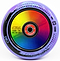 A close-up of the CORE CB1 110mm Nylon Stunt Scooter Wheel in Black/Neochrome, featuring a vibrant hollow core and "ABEC-9" bearing—ideal for beginner riders seeking stylish and reliable performance.