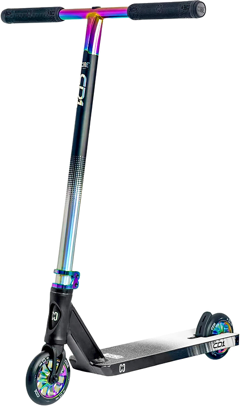 The CORE CD1 Complete Stunt Scooter by CORE features a black deck and neochrome handlebars and wheels. This beginner stunt scooter stands upright and is angled slightly to the left.