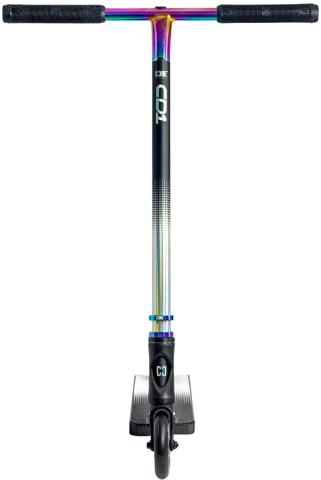Front view of the CORE CD1 Complete Stunt Scooter by CORE, perfect for beginners, featuring black handlebars, a neochrome stem with "CORE" branding, a black deck, and a single centered front wheel.