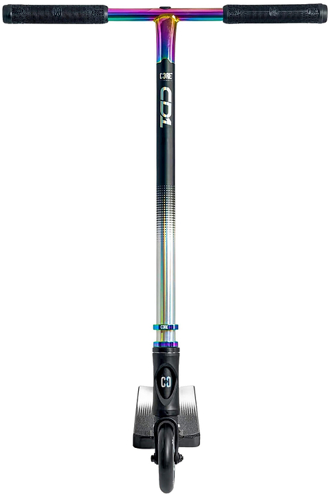 Front view of the CORE CD1 Complete Stunt Scooter by CORE, perfect for beginners, featuring black handlebars, a neochrome stem with "CORE" branding, a black deck, and a single centered front wheel.