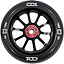The CORE CD1 110mm Stunt Scooter Wheel - Black features a black and silver finish, red core, white "CD1" and "CORE HARDWARE" text, and multiple spokes—an eye-catching design from CORE.