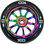 A close-up of the CORE CD1 110mm Stunt Scooter Wheel in Black/Neochrome with black rubber, bold white rim text, and a red "CORE HARDWARE" bearing at the center.