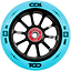 A close-up of the CORE CD1 110mm Stunt Scooter Wheel by CORE, featuring a blue outer tire, black core with "88A" hardness, and a red Core Hardware ABEC-9 bearing.