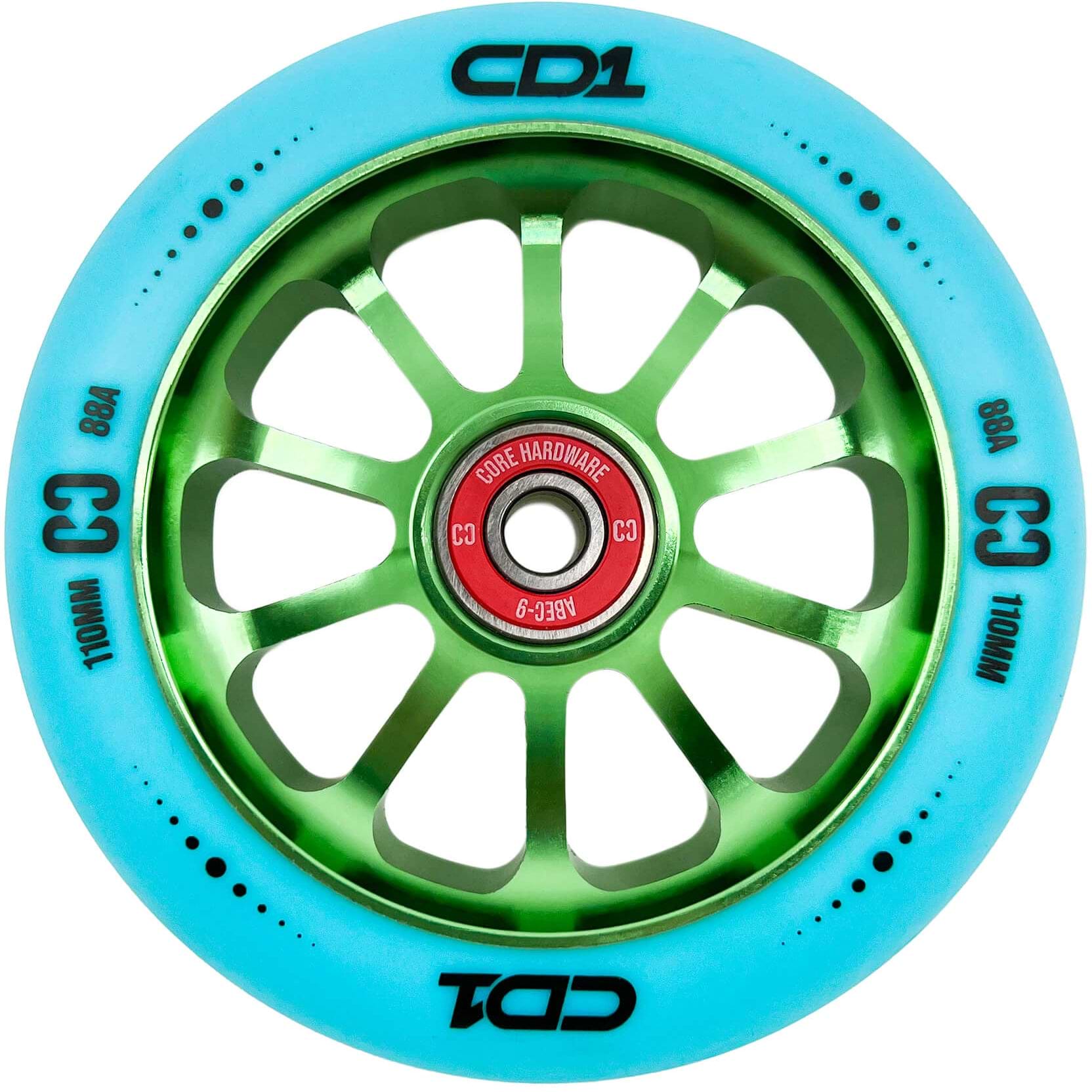 The CORE CD1 110mm Stunt Scooter Wheel by CORE features a green metal core with ten spokes, a red "Core Hardware" bearing, and a blue tire with "CD1," "C3," "88A," and "110MM" labeled in black on the rim.