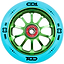 The CORE CD1 110mm Stunt Scooter Wheel by CORE features a green metal core with ten spokes, a red "Core Hardware" bearing, and a blue tire with "CD1," "C3," "88A," and "110MM" labeled in black on the rim.