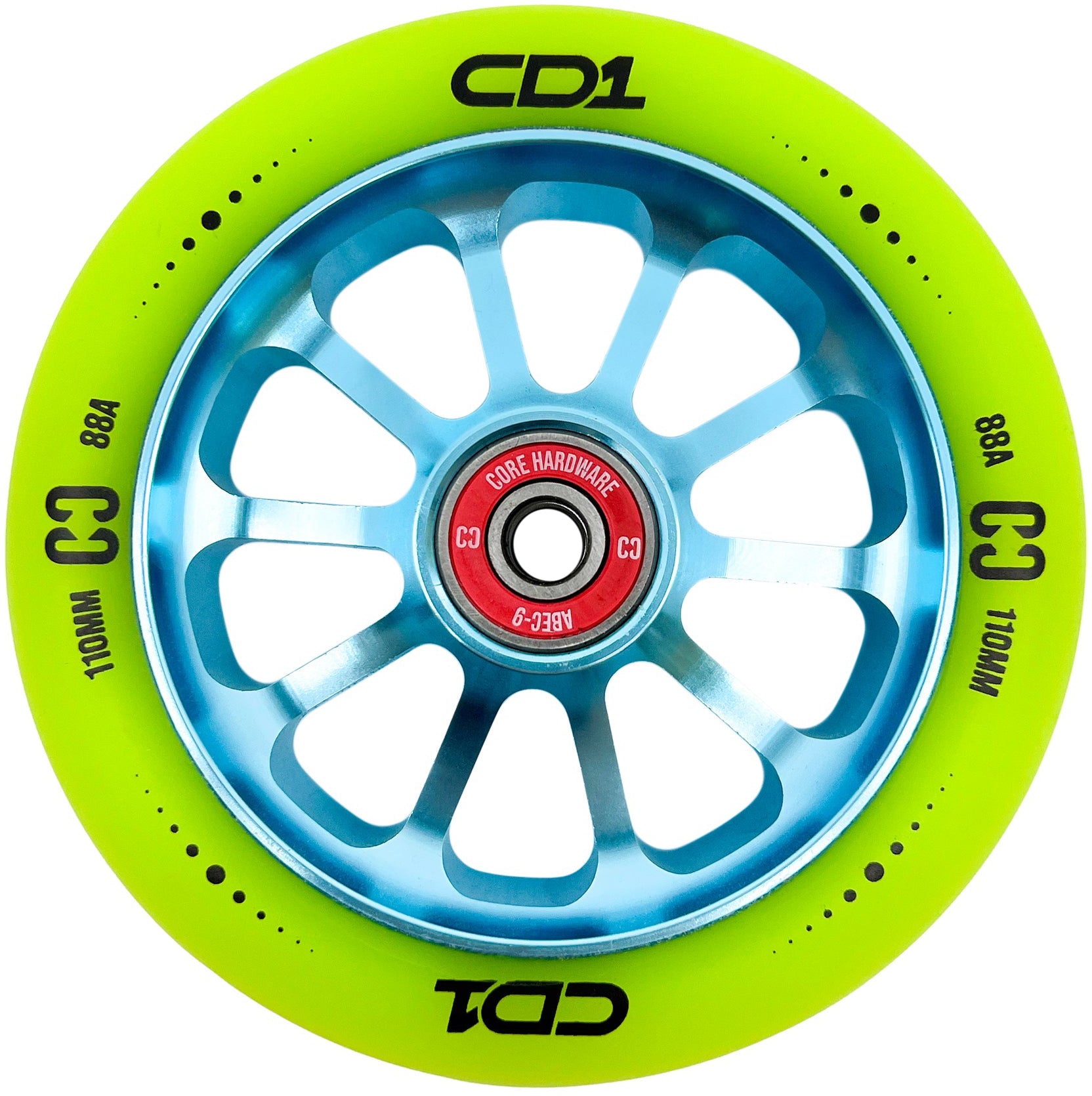 A close-up of the CORE CD1 110mm Stunt Scooter Wheel in Lime/Blue, featuring “CD1”, “110 mm”, and “88A” in black on the tire and “Core Hardware” on the red hub. This hollowcore wheel has ten blue spokes.