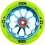 A close-up of the CORE CD1 110mm Stunt Scooter Wheel in Lime/Blue, featuring “CD1”, “110 mm”, and “88A” in black on the tire and “Core Hardware” on the red hub. This hollowcore wheel has ten blue spokes.
