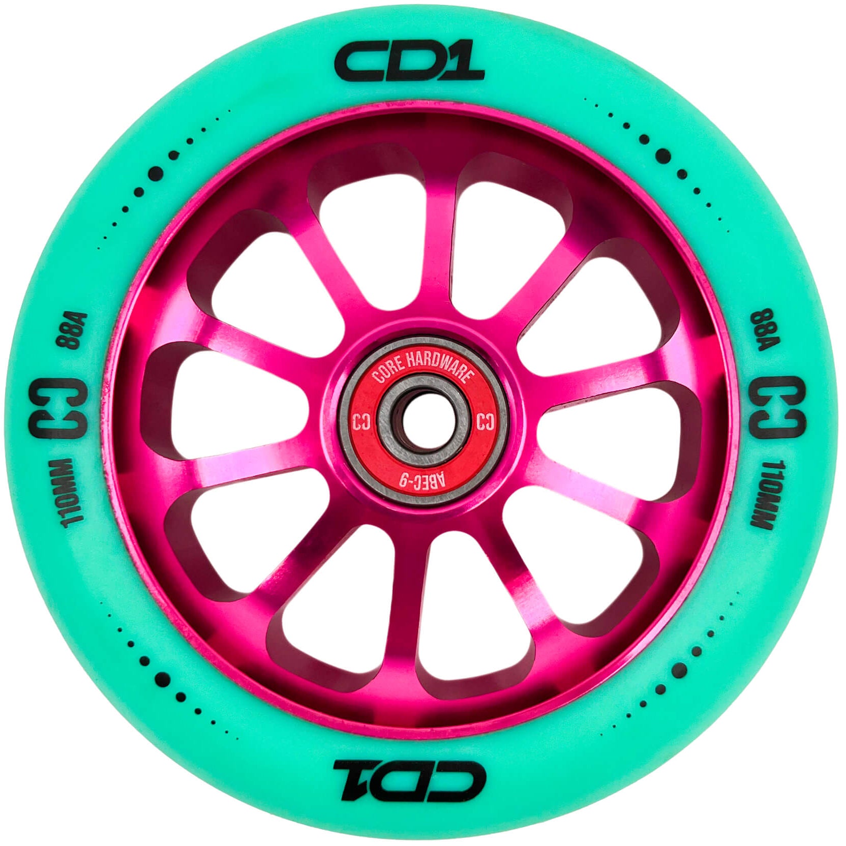The CORE CD1 110mm Stunt Scooter Wheel - Teal / Pink features a metallic pink multi-spoke hub and teal rubber with “CD1,” “C3,” “88A,” and “110MM” in black. The bearing is visible at the center. Brand: CORE.