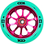 The CORE CD1 110mm Stunt Scooter Wheel - Teal / Pink features a metallic pink multi-spoke hub and teal rubber with “CD1,” “C3,” “88A,” and “110MM” in black. The bearing is visible at the center. Brand: CORE.