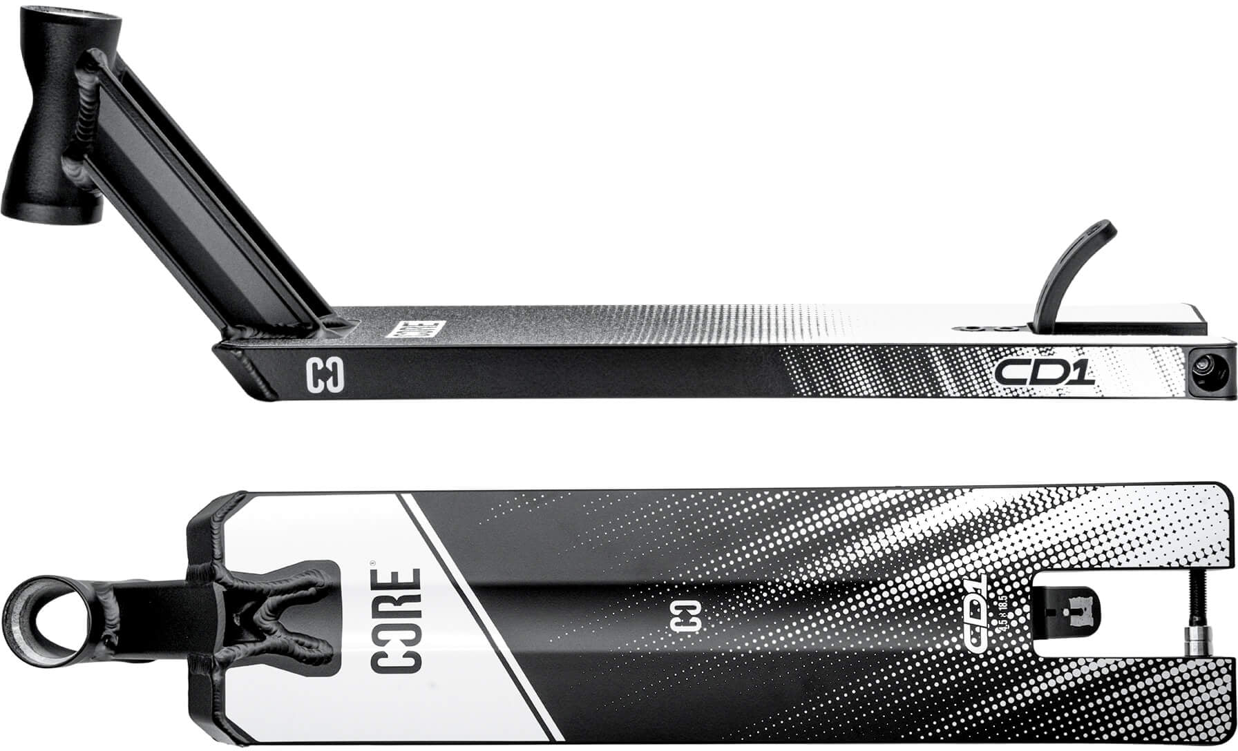 Two views of the CORE CD1 Black / White Stunt Scooter Deck (4.5″ x 18.5″) by CORE, shown from the side and the bottom, featuring a geometric pattern and visible branding. This lightweight aluminium deck is ideal for beginner riders seeking both durability and style.