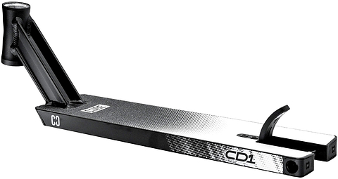 The CORE CD1 Black / White Stunt Scooter Deck - 4.5″ x 18.5″ by CORE features a striking black and white gradient design, an angled neck for handlebars, and integrated wheel mounts at the end. Made from lightweight aluminium, this beginner scooter deck is finished with “CD1” and “CORE” branding on its sides.