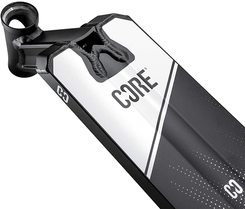 Close-up of the CORE CD1 Black / White Stunt Scooter Deck (4.5″ x 18.5″) by CORE, showcasing the welded neck, mounting area, and distinctive graphic design featuring the CORE logo. Constructed from lightweight aluminium, this deck combines durability and style, making it an excellent choice for beginner riders.