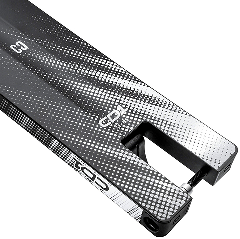 Close-up of the CORE CD1 Black / White Stunt Scooter Deck – 4.5″ x 18.5″, a lightweight aluminium deck by CORE featuring a black and white dotted gradient pattern, “CD1” lettering, and an open slot at the end for wheel attachment.