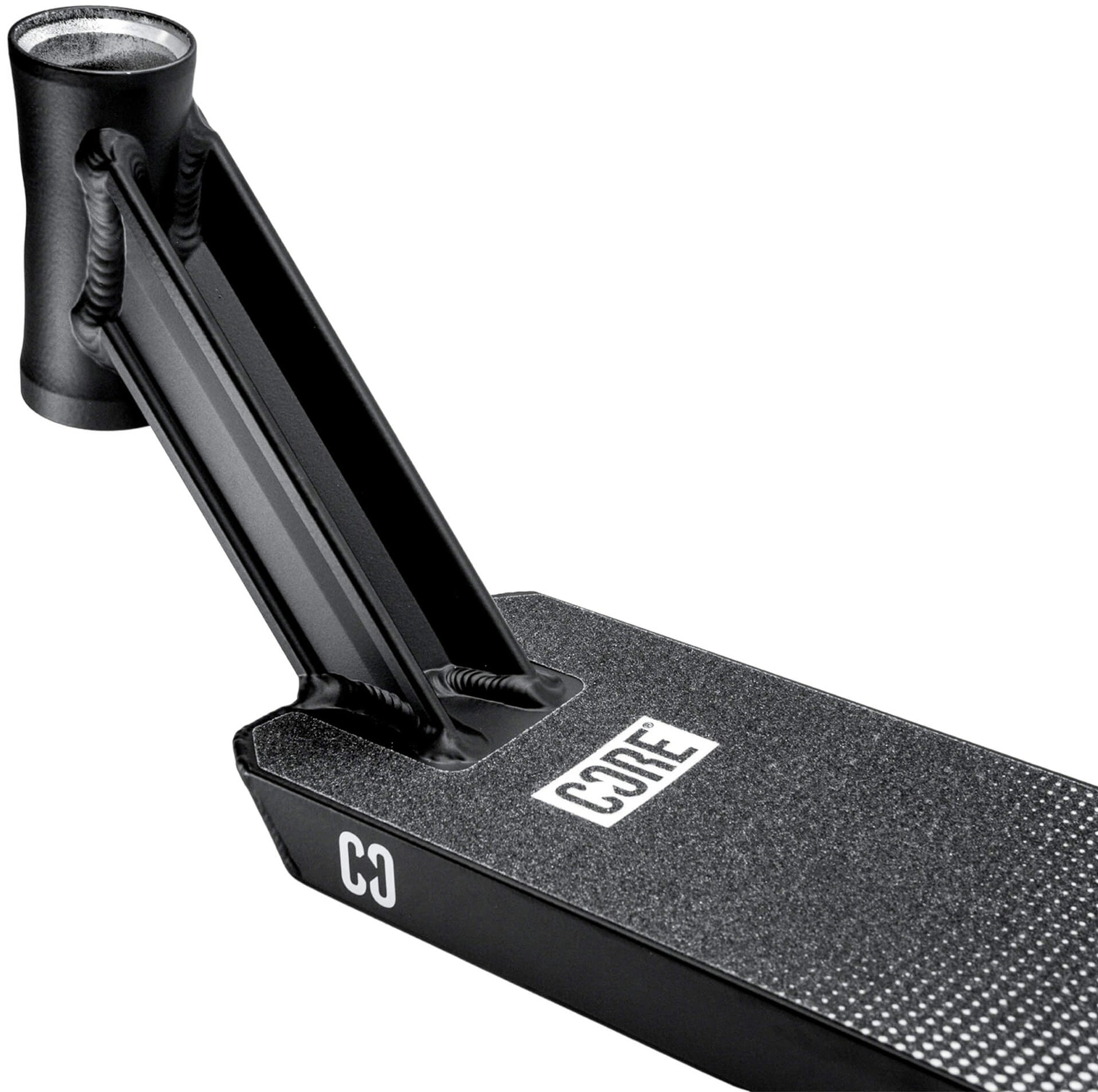 Close-up of the deck and neck of the CORE CD1 Black / White Stunt Scooter Deck (4.5″ x 18.5″), featuring a textured grip surface and visible welding on the neck joint. This lightweight aluminium deck by CORE is engineered for durability and performance, making it perfect for aspiring riders.