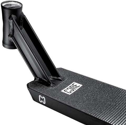 Close-up of the deck and neck of the CORE CD1 Black / White Stunt Scooter Deck (4.5″ x 18.5″), featuring a textured grip surface and visible welding on the neck joint. This lightweight aluminium deck by CORE is engineered for durability and performance, making it perfect for aspiring riders.