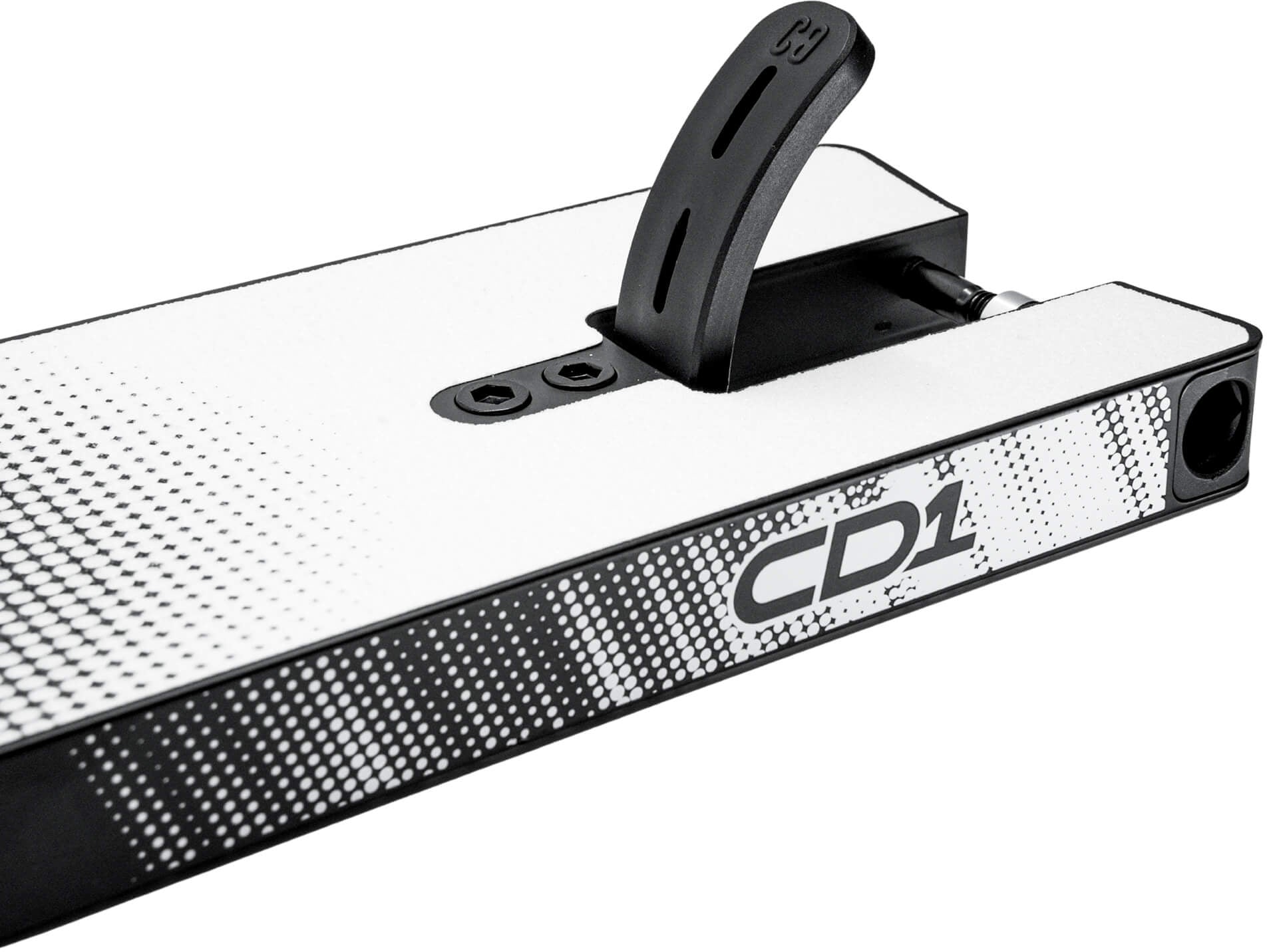 Close-up of the CORE CD1 Black / White Stunt Scooter Deck, a lightweight aluminium deck measuring 4.5″ x 18.5″, featuring a black and white dotted pattern, a brake, and “CD1” printed on the side.