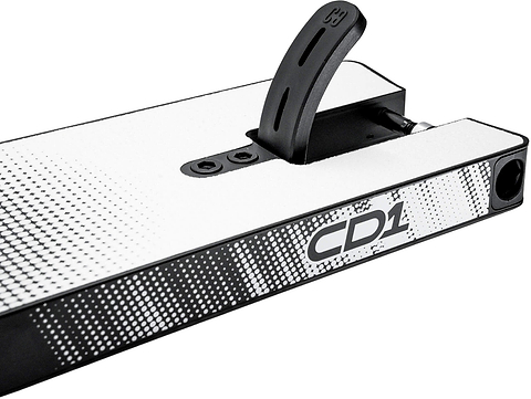 Close-up of the CORE CD1 Black / White Stunt Scooter Deck, a lightweight aluminium deck measuring 4.5″ x 18.5″, featuring a black and white dotted pattern, a brake, and “CD1” printed on the side.