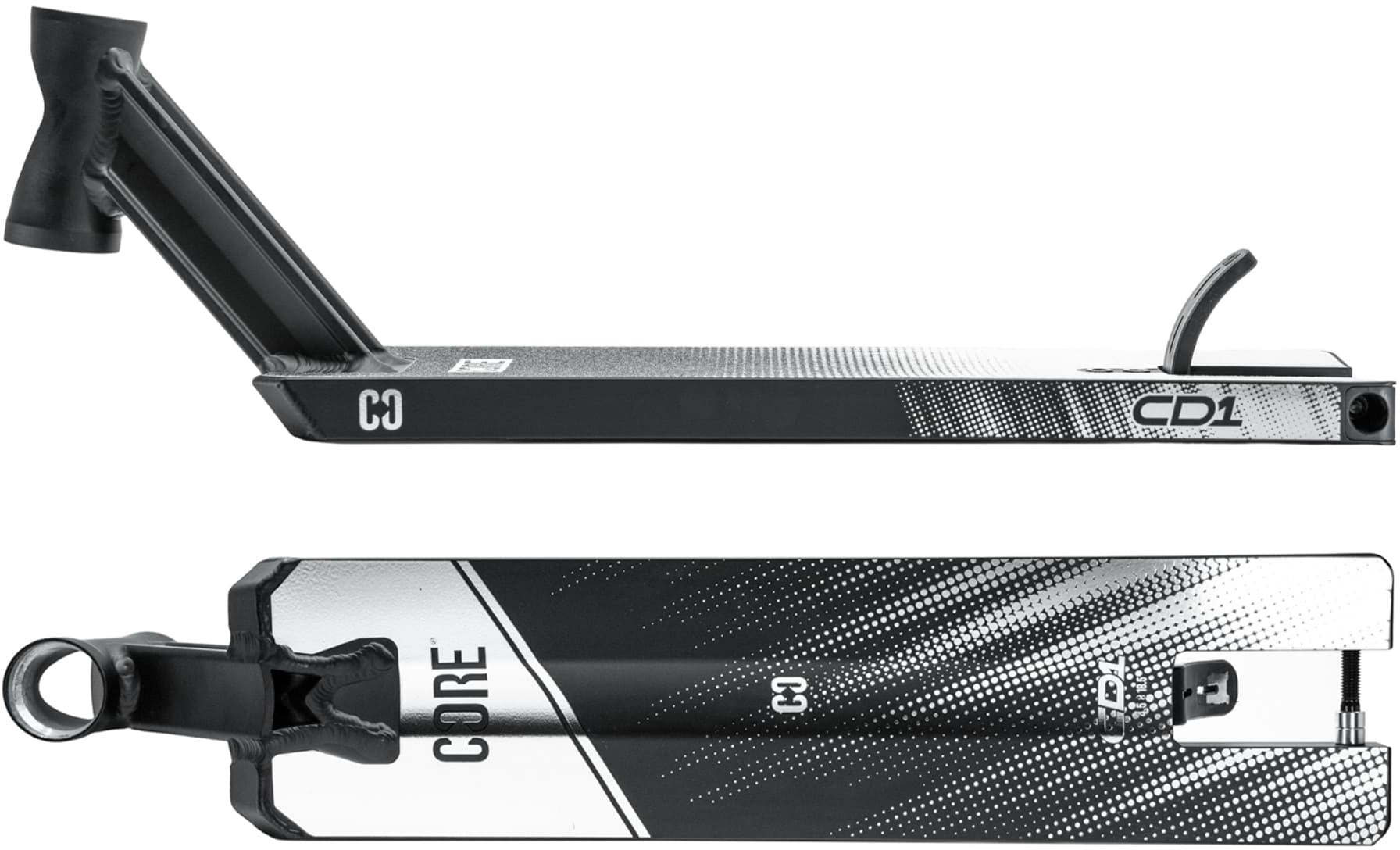 The CORE CD1 Black / Chrome Stunt Scooter Deck – 4.5″ x 19″, displayed in side and bottom views, features striking gradient graphics, signature CORE branding, and a rear foot brake. Constructed from lightweight aluminium for durability, this deck is ideal for beginners or riders eager to perfect new tricks while enjoying stylish performance.