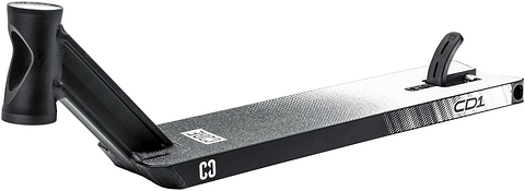 The CORE CD1 Black / Chrome Stunt Scooter Deck - 4.5″ x 19″ is a lightweight aluminium deck featuring a striking black and chrome color scheme, a textured surface for extra grip, an angular design, and an integrated rear brake. The scooter deck prominently displays the CORE brand logo and the model code “CD1” on both its side and top.