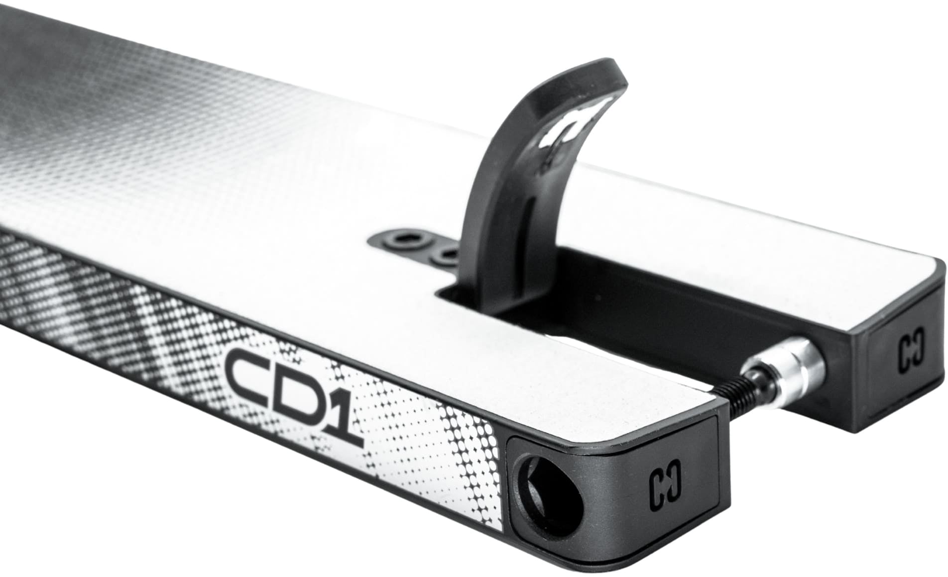 Close-up of a CORE CD1 Black / Chrome Stunt Scooter Deck, measuring 4.5″ x 19″, featuring a sleek silver and black design with a rear brake. The lightweight aluminium deck by CORE offers a textured surface and visible hardware.