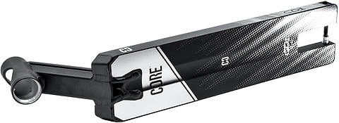The CORE CD1 Black / Chrome Stunt Scooter Deck (4.5″ x 19″) by CORE features a striking black and chrome finish, bold branding, angular edges, and geometric side patterns. Crafted from lightweight aluminium, it is displayed against a white background.