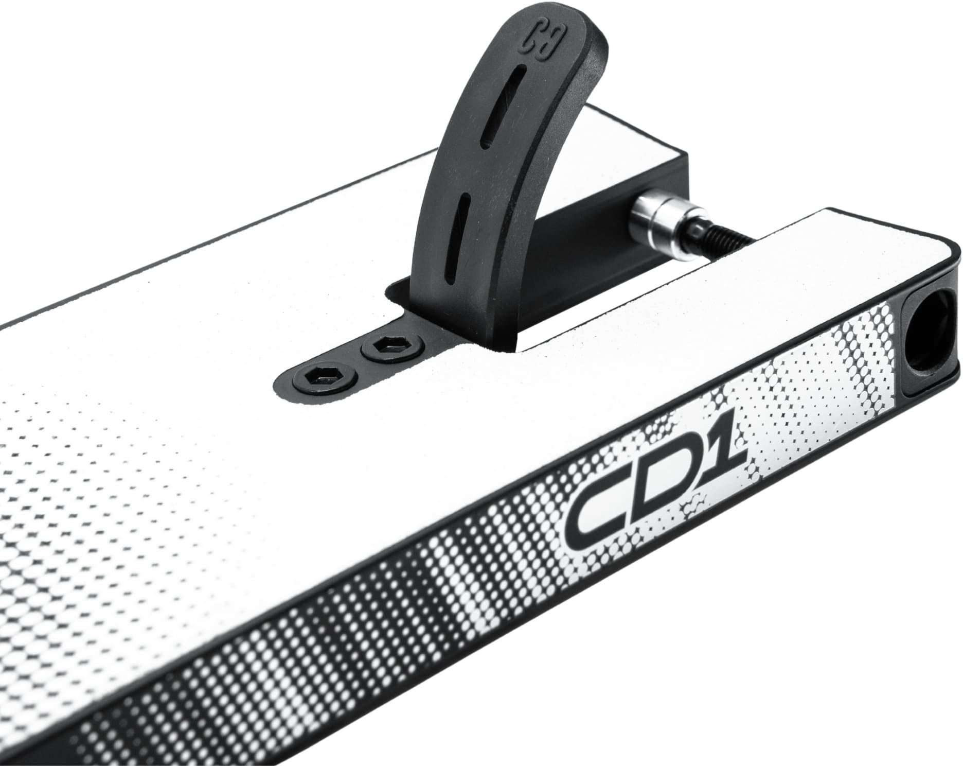 Close-up of the CORE CD1 Black / Chrome Stunt Scooter Deck (4.5″ x 19″) by CORE, featuring a black brake and a dotted gradient design near the brake, with “CD1” text on the side. The lightweight aluminium deck is finished in white and black.