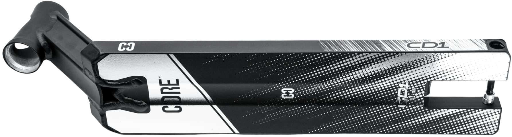 The CORE CD1 Black / Chrome Stunt Scooter Deck (4.5″ x 19″) features an angular design with the signature CORE logo and a rear brake. Constructed from lightweight aluminium, this deck showcases a mix of matte and glossy finishes, making it an ideal, stylish, and durable choice for beginners looking for their first stunt scooter deck.