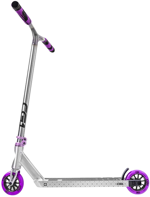 The CORE CG1 Complete Stunt Scooter - Raw / Purple by CORE features a sleek silver finish with striking purple grips and wheels, complemented by black handlebar accents and a textured deck—making it an ideal kids trick scooter or stunt scooter for beginners.
