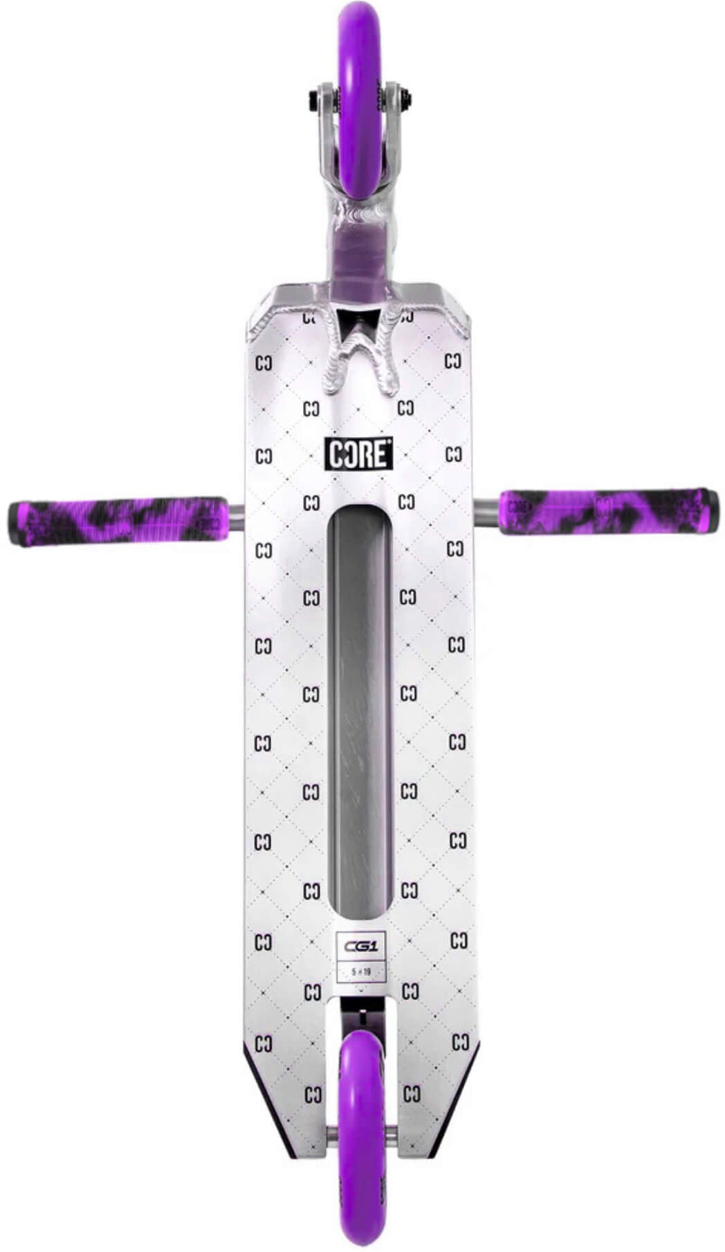 A silver (“raw”) and white CORE CG1 Complete Stunt Scooter featuring a geometric pattern, extended purple handle grips on each side, and matching purple wheels at the front and back. Designed by CORE as an ideal choice for kids or beginner riders looking for a reliable stunt scooter, with the “CORE” brand logo displayed prominently in the center.