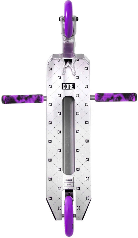 A silver (“raw”) and white CORE CG1 Complete Stunt Scooter featuring a geometric pattern, extended purple handle grips on each side, and matching purple wheels at the front and back. Designed by CORE as an ideal choice for kids or beginner riders looking for a reliable stunt scooter, with the “CORE” brand logo displayed prominently in the center.