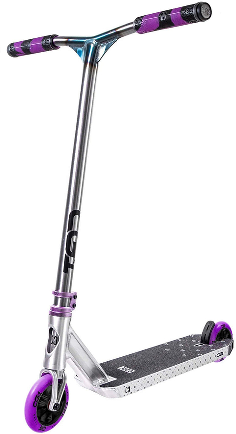 The CORE CG1 Complete Stunt Scooter by CORE, in a striking Raw and Purple colorway, features a silver and black design with vibrant purple grips and wheels, black grip tape on the deck, and a reinforced T-bar handle—ideal for kids or beginner riders eager to master new tricks.