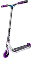The CORE CG1 Complete Stunt Scooter by CORE, in a striking Raw and Purple colorway, features a silver and black design with vibrant purple grips and wheels, black grip tape on the deck, and a reinforced T-bar handle—ideal for kids or beginner riders eager to master new tricks.