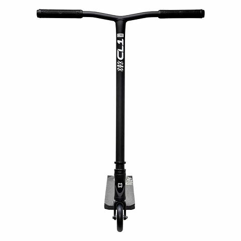 The black CORE CL1 Complete Stunt Scooter by CORE includes a T-shaped handlebar and two wheels. It features a textured deck for added grip, with the "CZ" logo displayed at the front. Crafted with premium aftermarket components, this scooter is presented against a simple white background.
