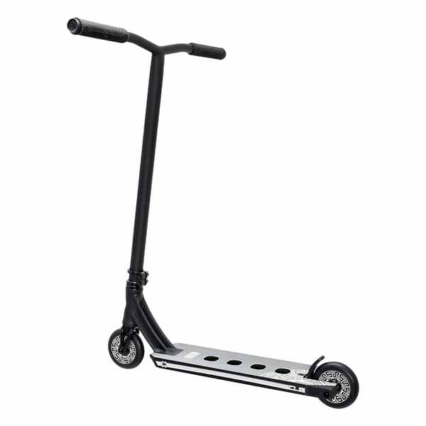 The CORE CL1 Complete Stunt Scooter - Black by CORE features a stylish black design with premium aftermarket components. Its straight handlebar and the deck's circular cutouts contribute to its aerodynamic appearance, while the wheels showcase detailed rim patterns.