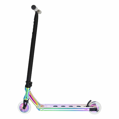 The CORE CL1 Complete Stunt Scooter by CORE features a striking neochrome finish with premium aftermarket components, a black handlebar, and clear wheels, showcased in profile against a white background.