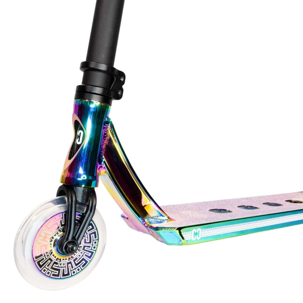 Close-up of the CORE CL1 Complete Stunt Scooter's front section, showcasing its shiny neochrome finish. The clear wheel displays a geometric pattern on the hub, and the deck shines with similar metallic hues. Premium aftermarket parts, such as nylon box ends from CORE, enhance its performance.