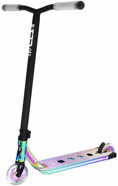 Introducing the CORE CL1 Complete Stunt Scooter by CORE, featuring a striking iridescent neochrome deck paired with a sleek black handlebar. This vibrant scooter is equipped with premium aftermarket components, including a metallic fork supporting the front wheel and circular cutouts on the deck. Silver wheels and handle grips accentuate its design, while nylon box ends provide additional durability.