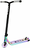 Introducing the CORE CL1 Complete Stunt Scooter by CORE, featuring a striking iridescent neochrome deck paired with a sleek black handlebar. This vibrant scooter is equipped with premium aftermarket components, including a metallic fork supporting the front wheel and circular cutouts on the deck. Silver wheels and handle grips accentuate its design, while nylon box ends provide additional durability.